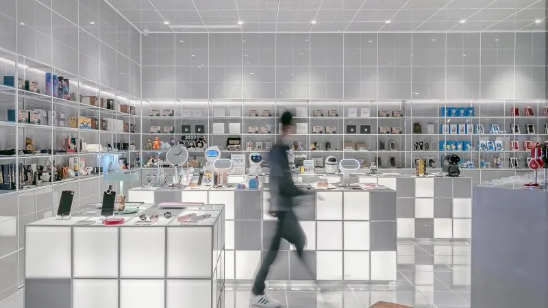 Winkelinterieur met verlichte schappen vol producten