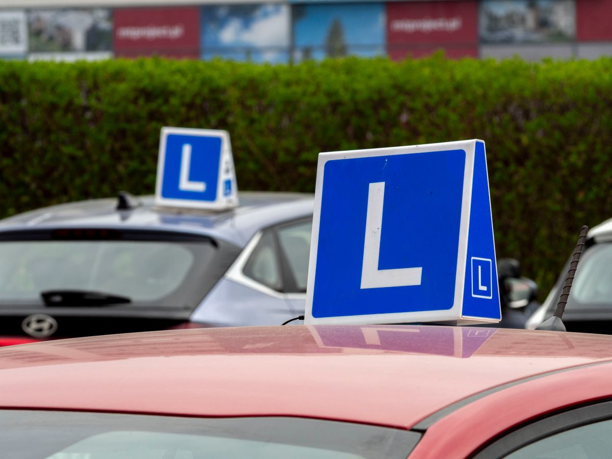Eigen rijschool beginnen: lesauto's met blauwe L-borden op het dak op een parkeerplaats