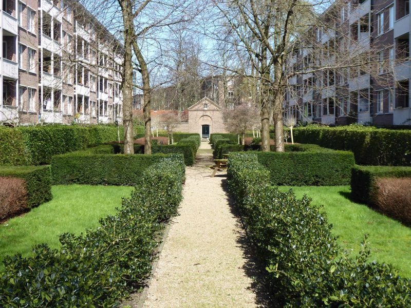 Aangelegde tuin met buxushagen, beeld bij online marketing voor hoveniers