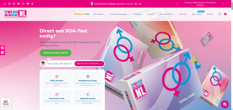 Homepage van Ikwilvanmijnsoaaf.nl, fel roze webdesign voor een webshop in soa-testen