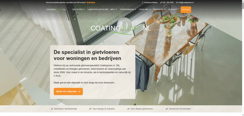 Homepage van Coatingvloer.nl, webdesign met paginabreed beeld en een contentkaart met reviews en contactgegevens