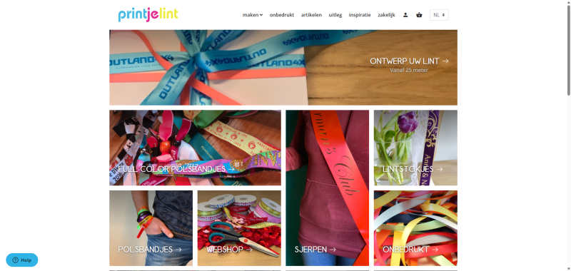 Homepage van Printjelint, functioneel webdesign met een configurator voor bedrukt lint