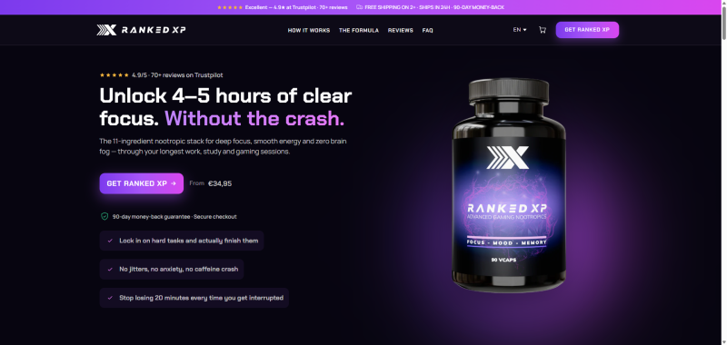 Homepage van Ranked XP, bold webdesign voor een webshop in paars en mintgroen