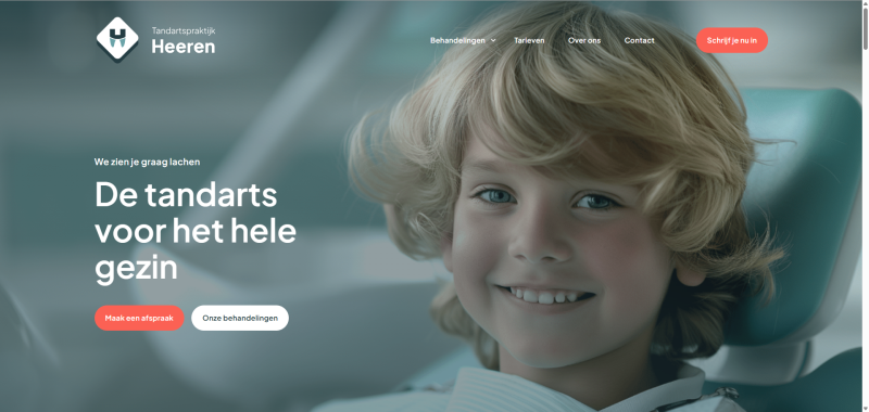 Homepage van Tandarts Heeren, strak webdesign in zwart-wit met moderne schreefloze typografie